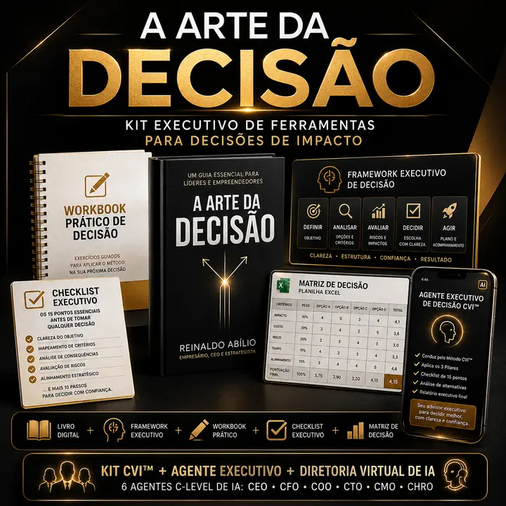 Kit executivo do Método CVI™: livro A Arte da Decisão, workbook prático, framework executivo, checklist de 15 pontos, matriz de decisão em Excel e agente executivo de IA